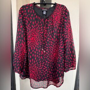 Liz Claiborne Blouse Semi-Sheer 3/4 Sleeve Red/Black Geometric Pattern Lined XL